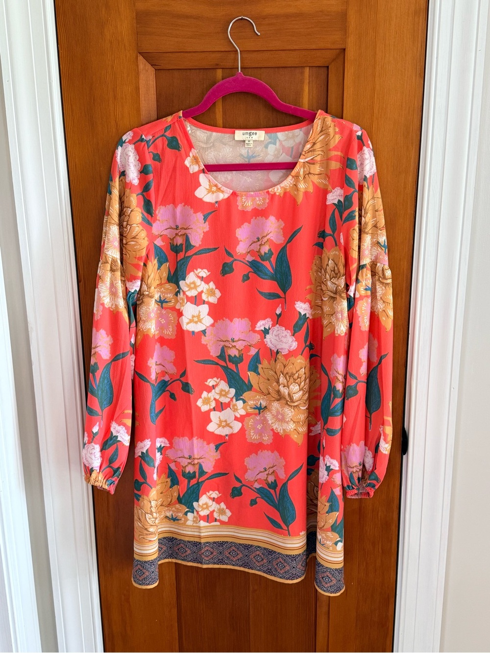 Umgee Coral Floral Mini Dress with Gold Accents